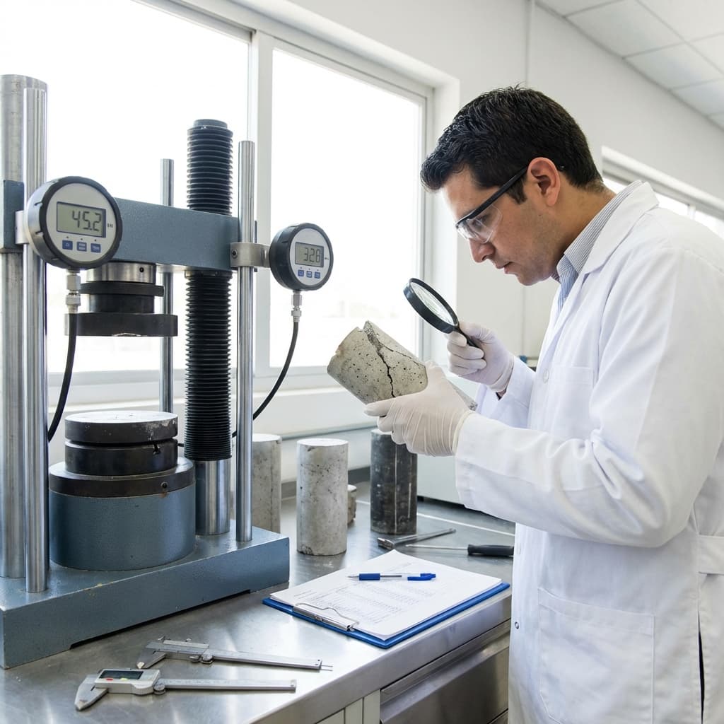 Quality control specialist examining concrete sample